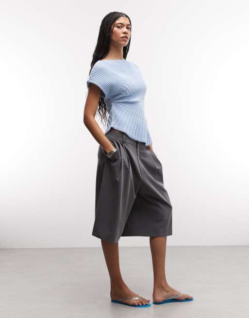ASOS DESIGN - Støvet blå strikket top med indsyet talje og plisseringer, 2 af 4