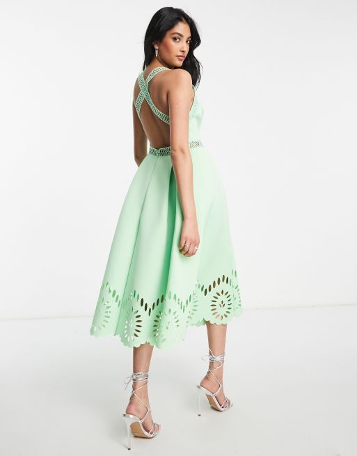 ASOS DESIGN - Støvet grøn midikjole med hulmønster og muslingekant, 2 af 4