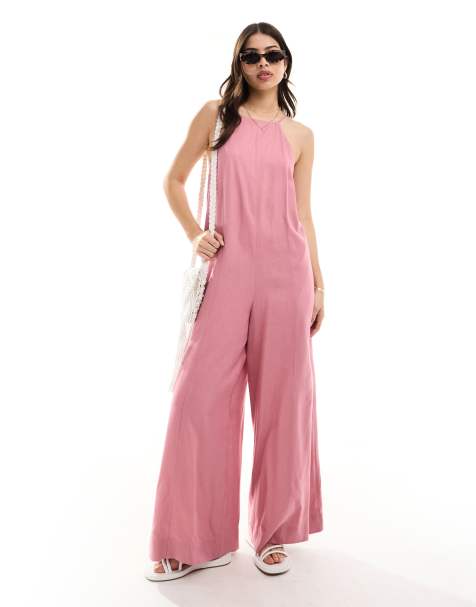 ASOS DESIGN - Støvet rosa jumpsuit med racerhals og crosshatch-mønster i hør - view 1
