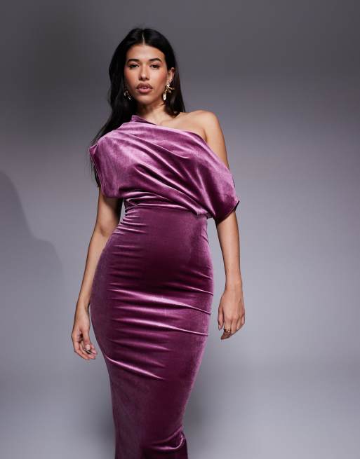 ASOS DESIGN - Støvet rosa midikjole i velour med dramatisk halsudskæring, 4 af 4