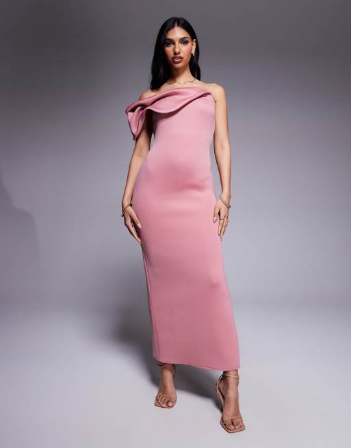 ASOS DESIGN - Støvet rosa midikjole med bardot-snit og snoede stropper i scuba-materiale