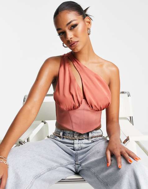 ASOS DESIGN - Støvet rosa oneshoulder-korset med skåle til byturen - view 1