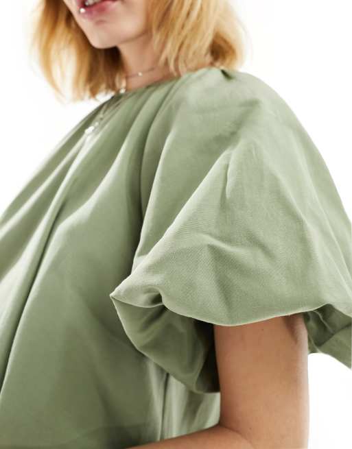 ASOS DESIGN - Støvet salviegrøn smock-minikjole med puffet design, 2 af 4