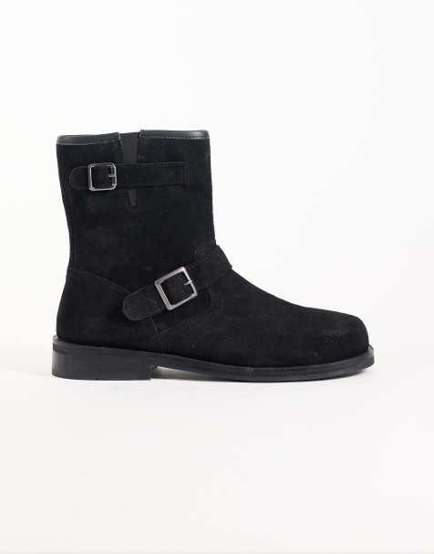 ASOS DESIGN støvler med lynlås og spænderemme i sort behandlet ruskind - view 1