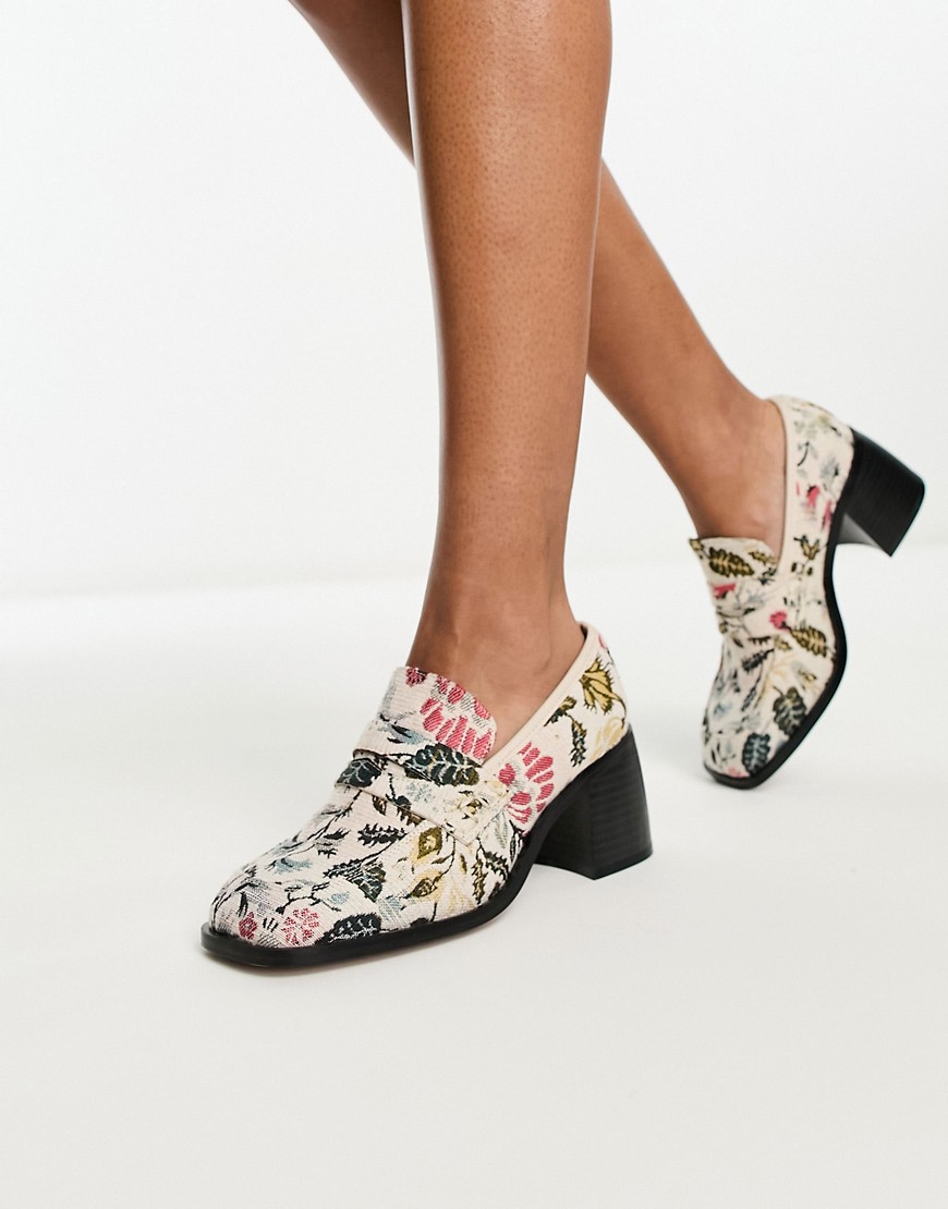 ASOS DESIGN Substitute smart mid heeled loafers in tapestry-Multi