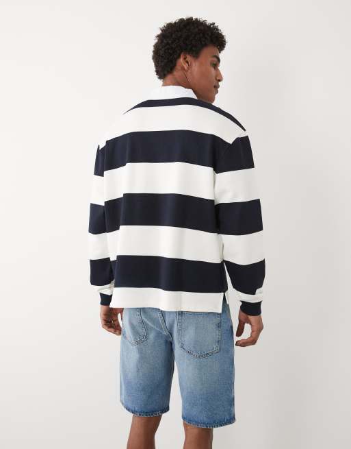 ASOS DESIGN - Sudadera a rayas azul marino y blancas extragrande estilo polo de rugby, 5 de 5
