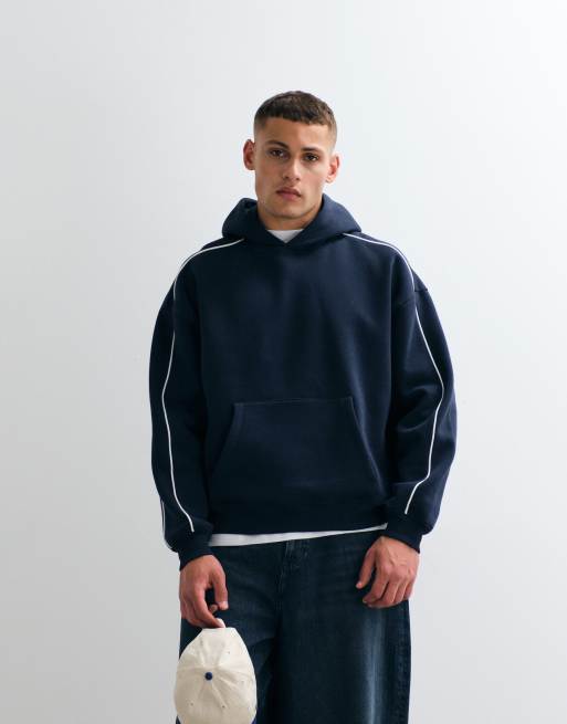 ASOS DESIGN - Sudadera azul marino de corte cuadrado extragrande con capucha, estampado y ribetes, 5 de 5