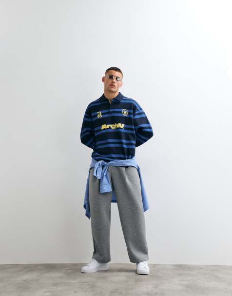 ASOS DESIGN - Sudadera azul marino extragrande a rayas estilo polo de rugby con estampado gráfico - view 1