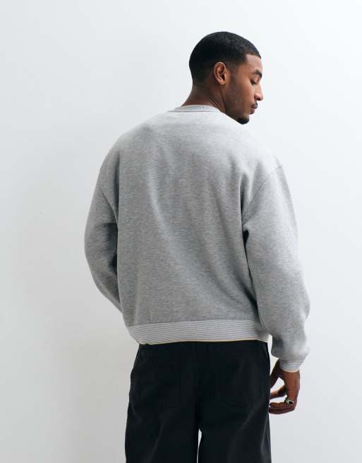 ASOS DESIGN - Sudadera bomber con cuello henley y ribetes a rayas en gris jaspeado, 5 de 5