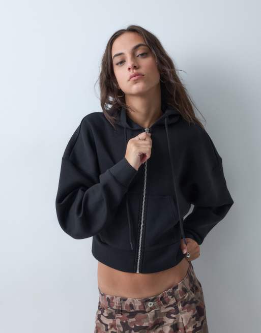 ASOS DESIGN sudadera con capucha corta con cremallera completa en tejido estilo neopreno negro, 4 de 5