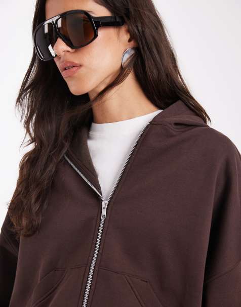 ASOS DESIGN - Sudadera con capucha de tejido afelpado con cremallera en marrón - view 1
