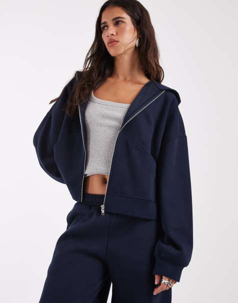 ASOS DESIGN - Sudadera con capucha de tejido afelpado con cremallera integral en azul marino - view 1