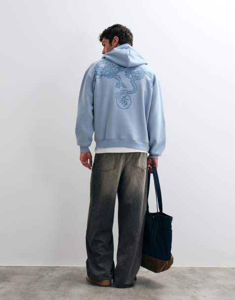 ASOS DESIGN - Sudadera con capucha extragrande con estampado de dragón en azul - view 1