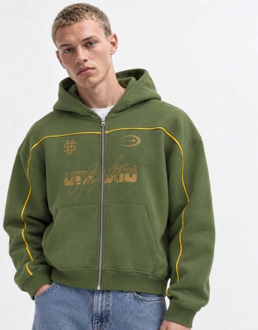 ASOS DESIGN sudadera con capucha extragrande de corte cuadrado con cremallera integral, ribetes y estampado en verde, 10 de 10