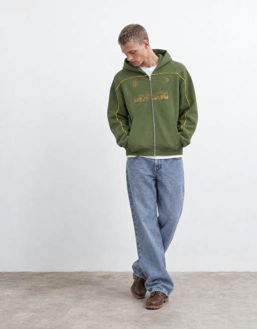 ASOS DESIGN sudadera con capucha extragrande de corte cuadrado con cremallera integral, ribetes y estampado en verde, 8 de 10