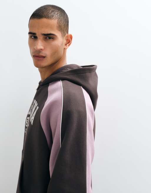 ASOS DESIGN sudadera con capucha holgada y cuadrada con cremallera integral, estampado, confección combinada y ribete en marrón, 4 de 9