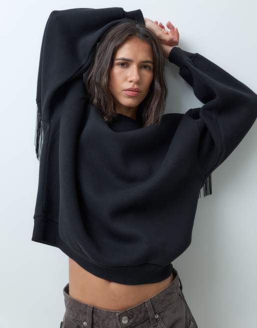ASOS DESIGN sudadera con detalle de flecos negra, 2 de 5