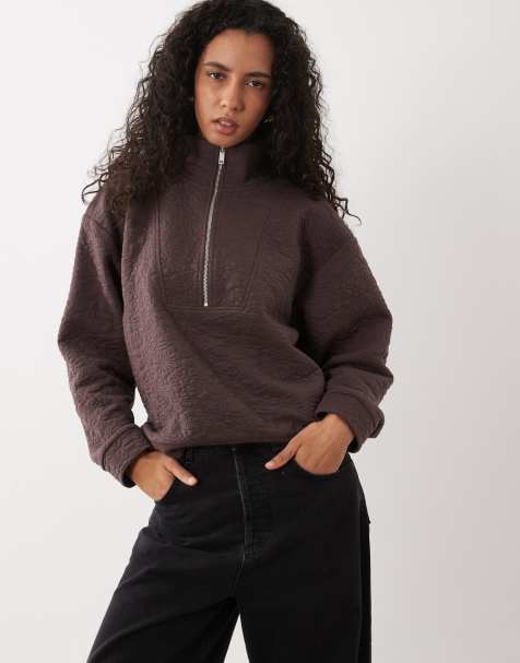 ASOS DESIGN - sudadera de conjunto con cuello alzado y media cremallera en jacquard texturizado marrón - view 1