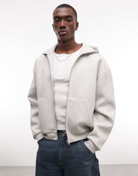 ASOS DESIGN - Sudadera gris hielo jaspeado de corte cuadrado extragrande con capucha, cremallera y bordado en el mismo tono de tejido efecto neopreno - view 1
