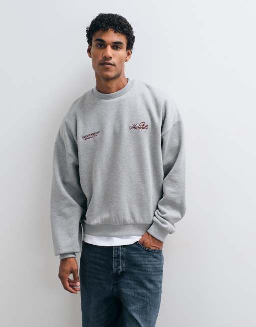 ASOS DESIGN - Sudadera gris jaspeado ultragrande con estampado de texto, 2 de 5