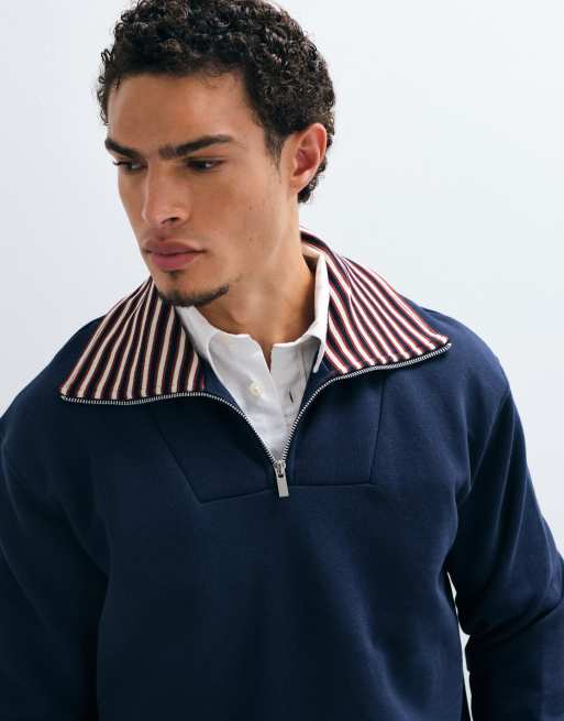 ASOS DESIGN sudadera holgada con cuello de solapa, media cremallera y cuello interior a rayas en azul marino, 3 de 5