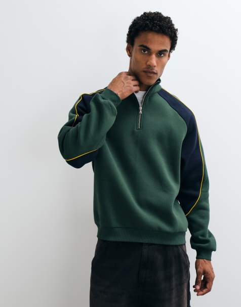 ASOS DESIGN sudadera holgada con media cremallera, paneles cosidos y ribetes en verde - view 1