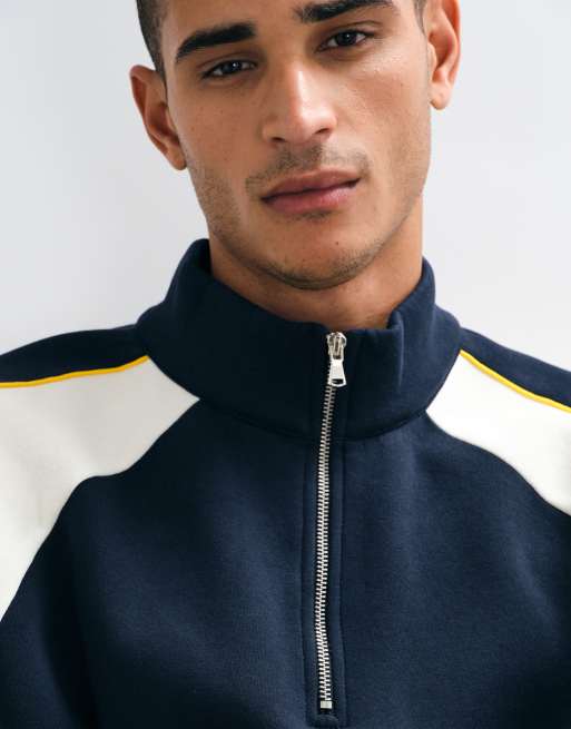 ASOS DESIGN sudadera holgada con media cremallera, paneles de corte y confección y ribetes en azul marino, 3 de 5