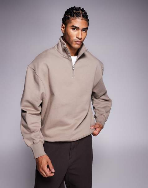 ASOS DESIGN sudadera premium extragrande de tejido grueso con media cremallera en beige - view 1