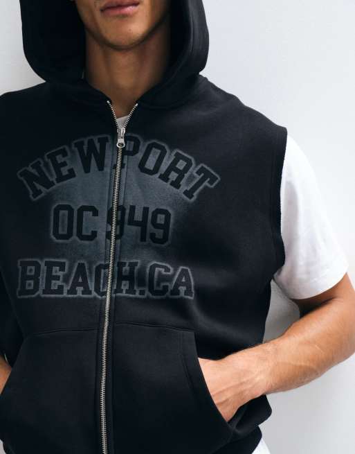 ASOS DESIGN - sudadera sin mangas holgada con cremallera y capucha con estampado pigmentado en negro, 3 de 5