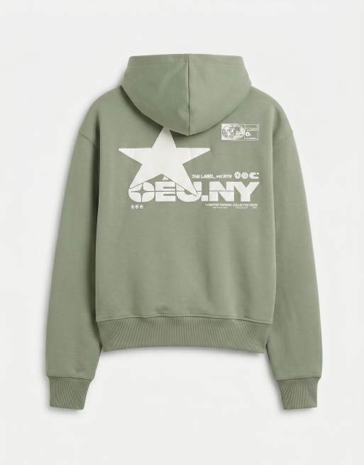 ASOS DESIGN - Sudadera verde de corte cuadrado holgado con capucha, estampado y cremallera de tejido efecto neopreno, 7 de 9
