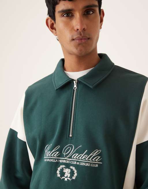 ASOS DESIGN - Sudadera verde oscuro holgada con cremallera corta y diseño de paneles cosidos con texto, 5 de 5