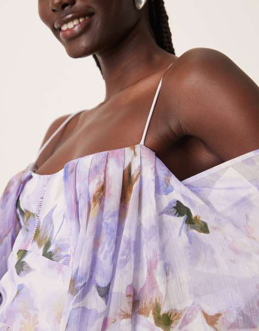 ASOS DESIGN – Suddigt abstrakt mönstrad, panelsydd miniklänning med bara axlar, draperade ärmar och spets, 4 av 4