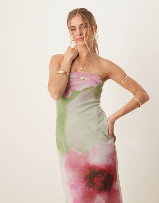 ASOS DESIGN – Suddigt blommönstrad midiklänning i mesh med bandeauringning, 2 av 4