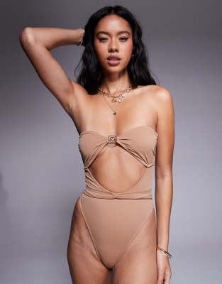 Asos Design Sue Bandeau Swimsuit With Swirl Trim