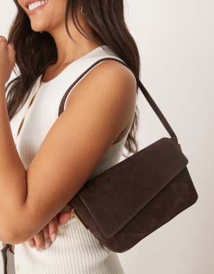 Asos Design Suede Asymmetric Flap Shoulder Bag With Strap Hardware In Brown