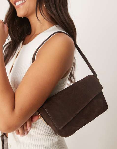 ASOS DESIGN suede asymmetric flap shoulder bag with strap hardware in chocolate - view 1