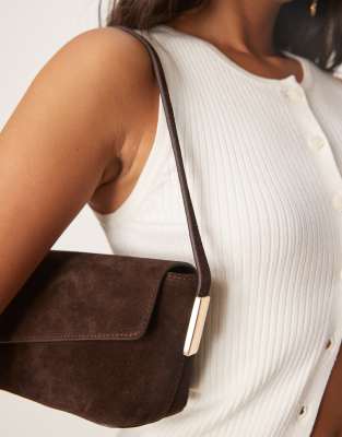Asos Design Suede Asymmetric Flap Shoulder Bag With Strap Hardware In Brown