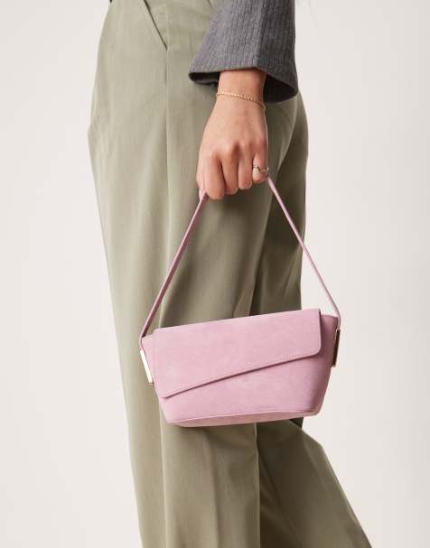 ASOS DESIGN suede asymmetric flap shoulder bag with strap hardware in purple - view 1