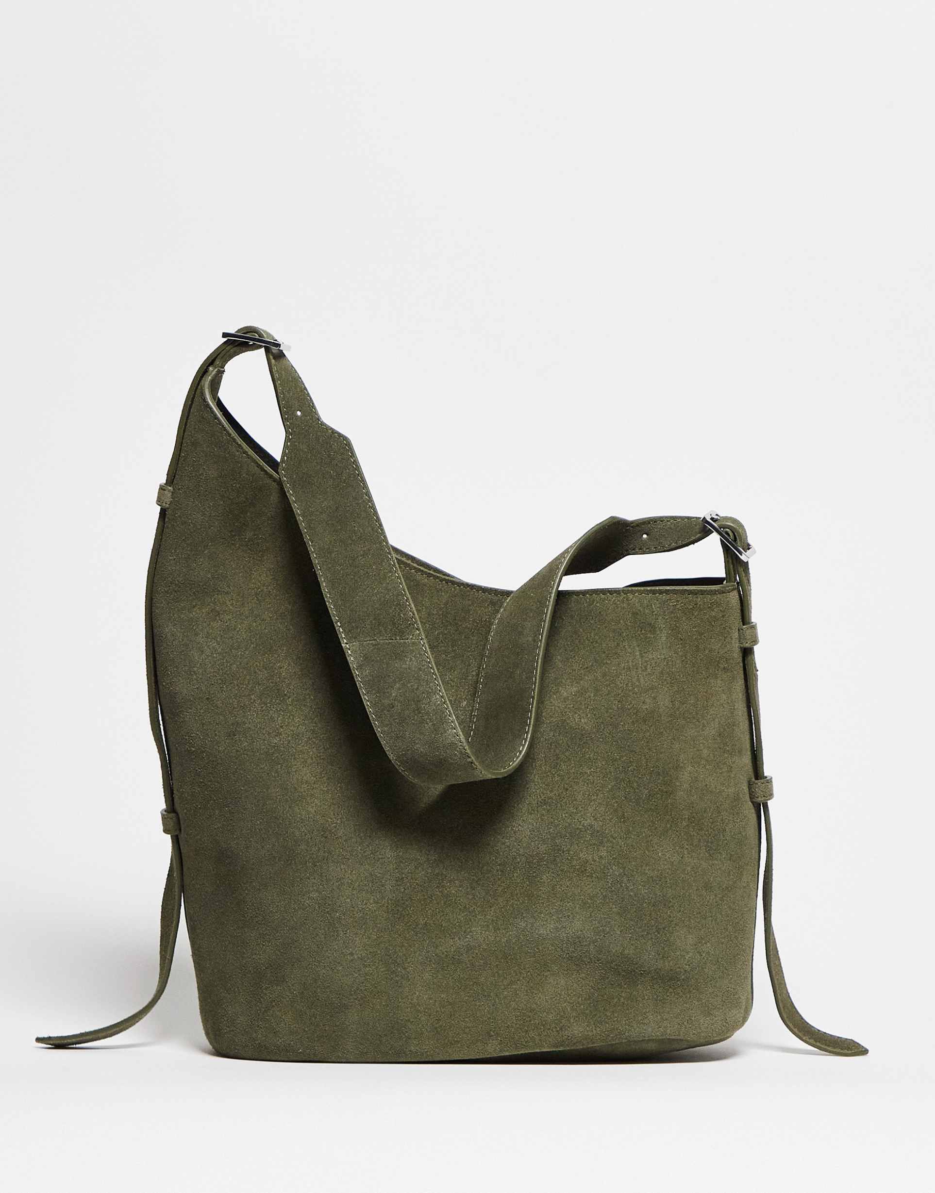 asos design suede asymmetric tote bag with side buckle in olive