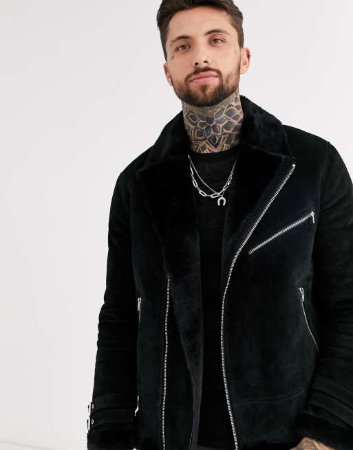 ASOS DESIGN suede aviator jacket in black with fur lining