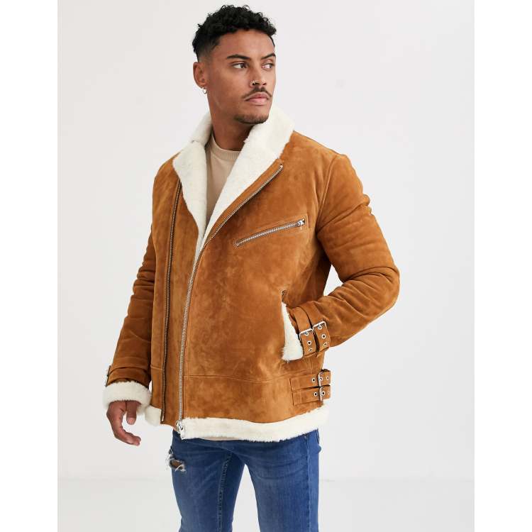 boohooMAN Faux Fur Lined Suede Aviator Jacket - Tan - Size M