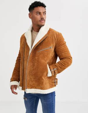 Tan Suede Aviator Jacket with Faux Fur Lining Kuwait Ubuy