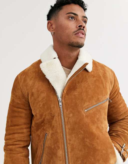 boohooMAN Faux Fur Lined Suede Aviator Jacket - Tan - Size M