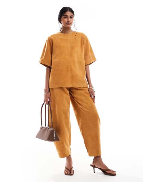 ASOS DESIGN suede barrel pants in ginger - part of a set - view 1