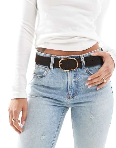 ASOS DESIGN suede belt with fine tubular buckle in chocolate - view 1