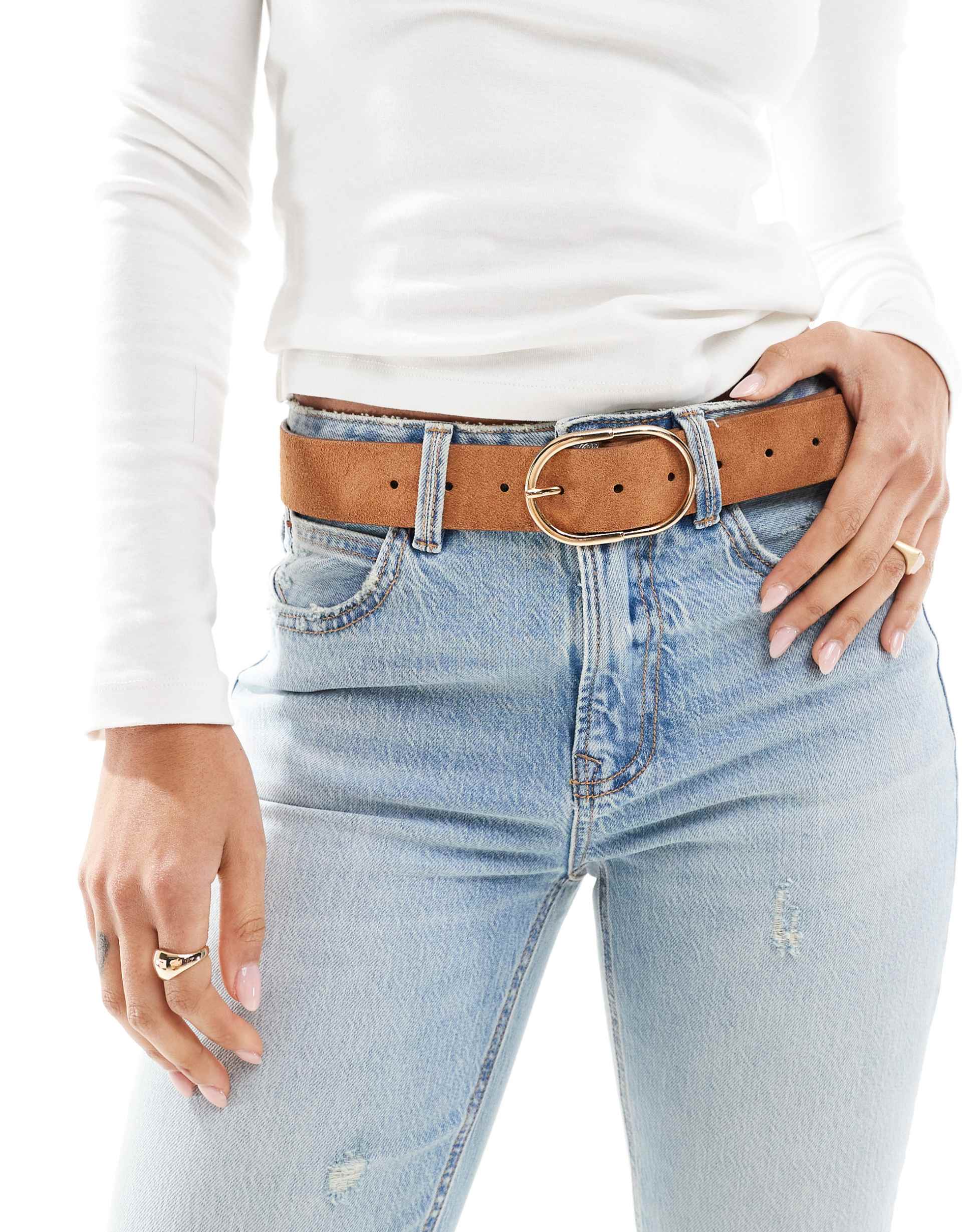 asos design suede belt with fine tubular buckle in tan