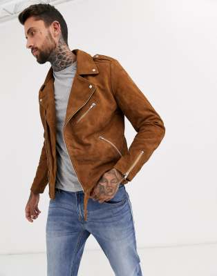 asos design faux suede biker jacket in tan