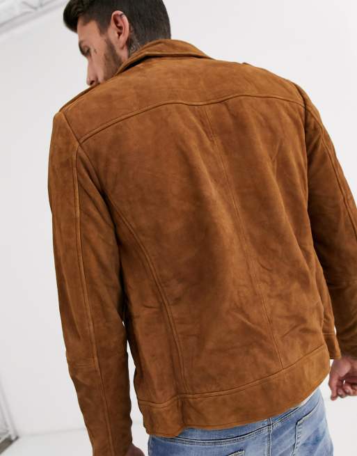 ASOS Suede Bomber Jacket In Tan in Brown for Men