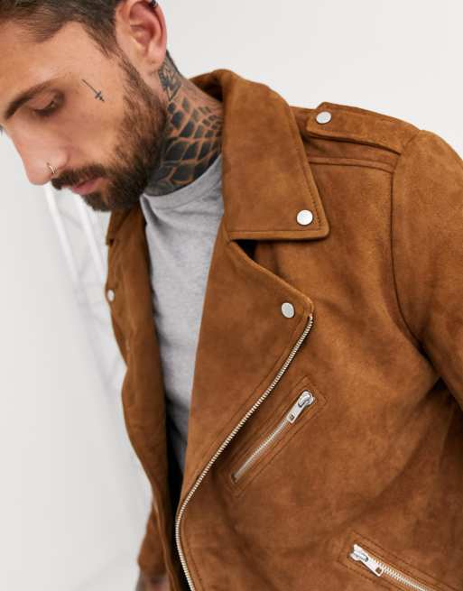 ASOS DESIGN faux suede biker jacket in tan