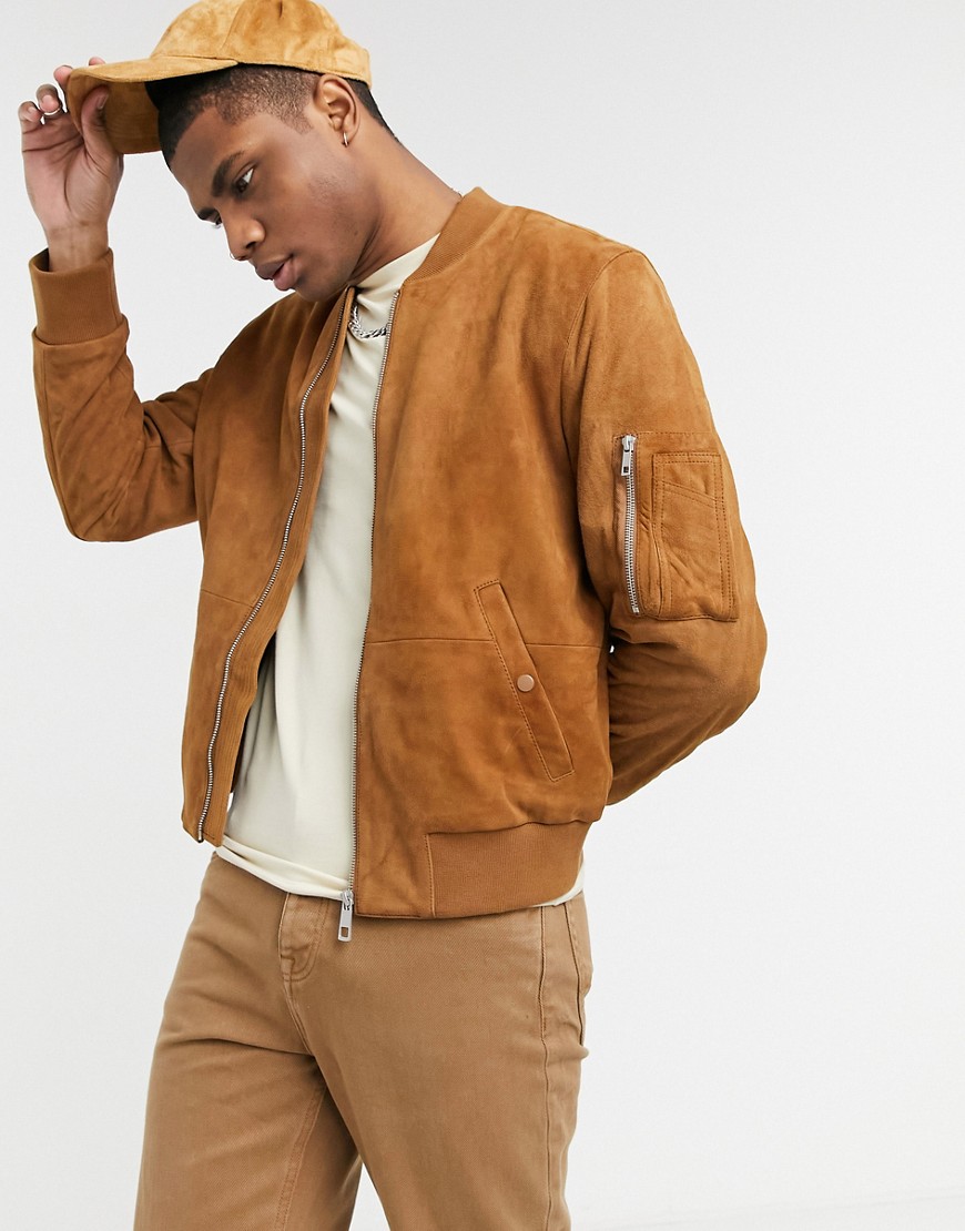 ASOS DESIGN suede bomber in tan with MA1 pocket-Brown